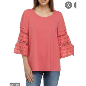 Sharagano Crochet Trim Bell Sleeves Blouse Women's Size M Scoop Neck Flirty Top